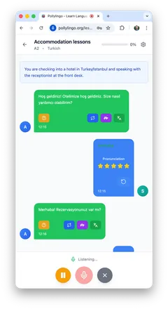 Conversation screen showing chat with AI actor in Turkish