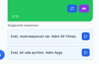 Suggested responses panel with play buttons for each hint