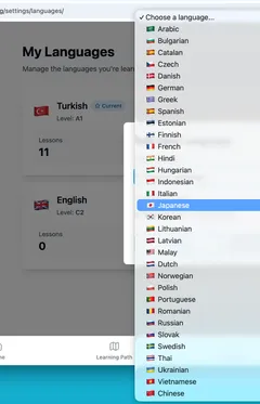 Language selection screen showing 34 available languages