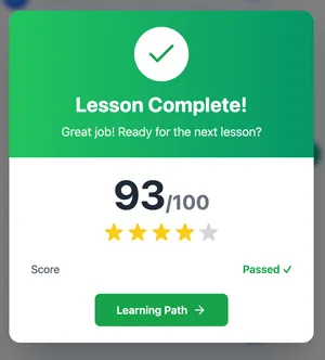 Lesson complete screen showing 93/100 score with 4 stars