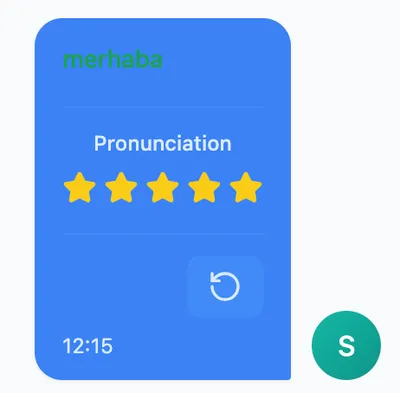 Pronunciation card showing 5-star rating for spoken phrase
